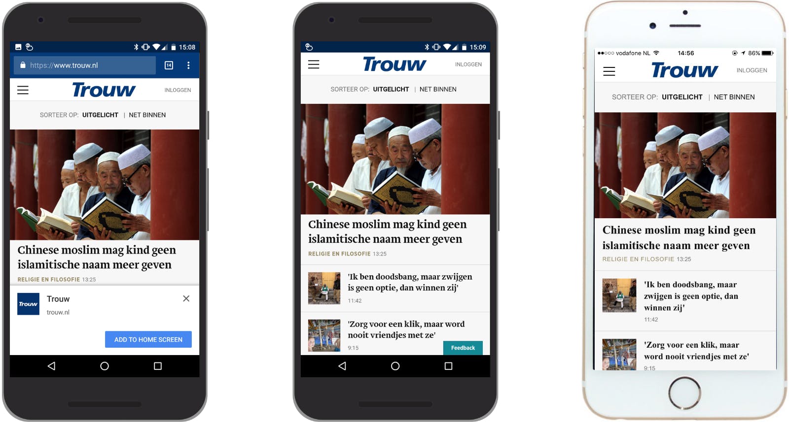 Trouw.nl as PWA in browser (left), as PWA published to Google Play Store (middle) and as PWA published to Apple's App Store (right).