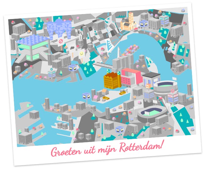 Illustration of a version of Rotterdam created on the game 'Bouwen is Macht'