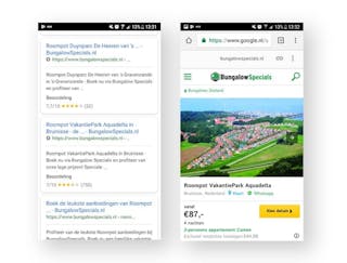 Screenshots of Google search results and BungalowSpecials AMP page on an Android device