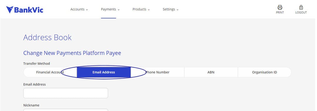 Internet banking change payee email address 