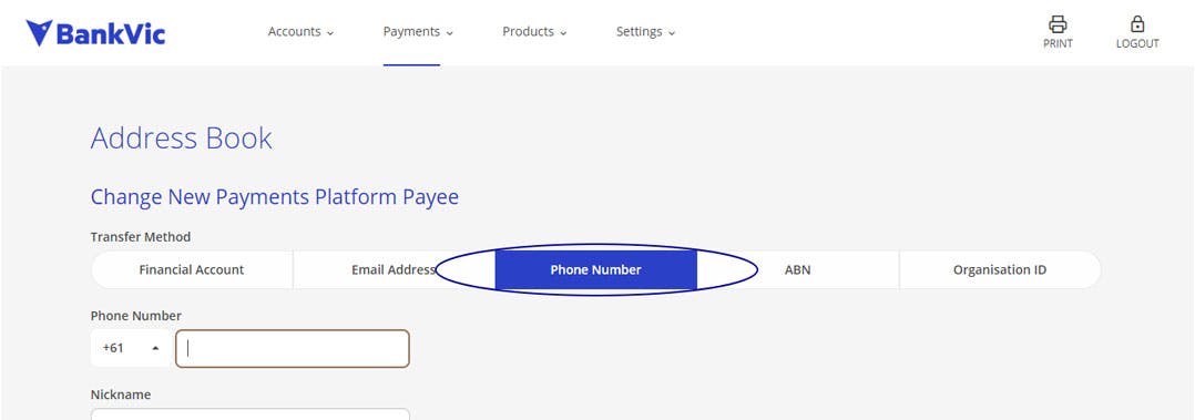 Internet banking change payee phone number