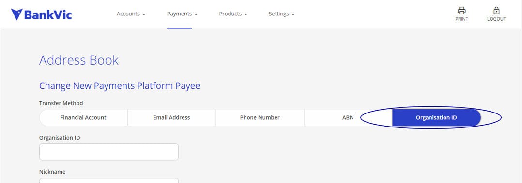 Internet banking change payee organisation id