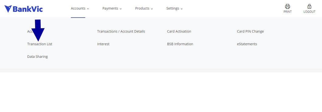 Internet banking transaction list
