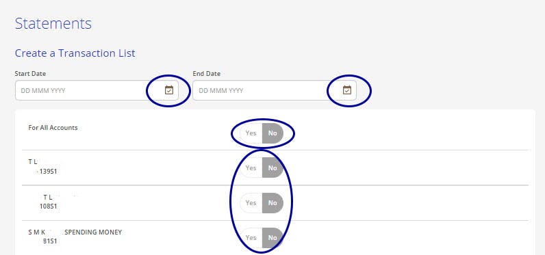 Internet banking - create a transaction list