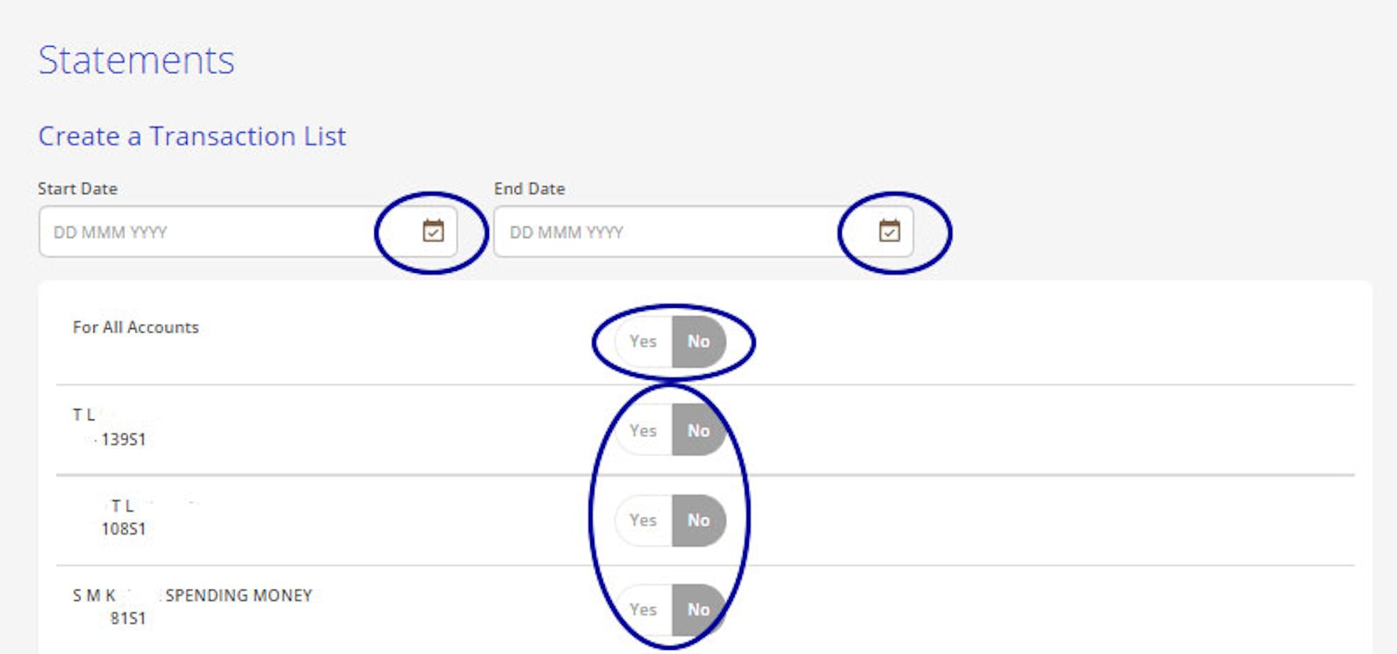 Internet banking - create a transaction list