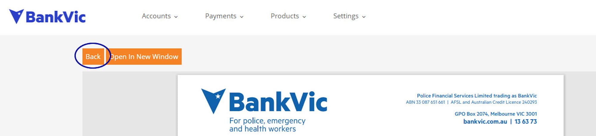 internet banking estatements back button