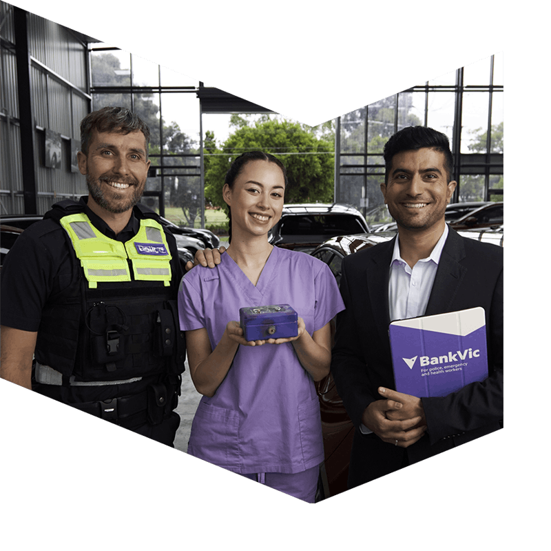 3 people smiling, BankVic members