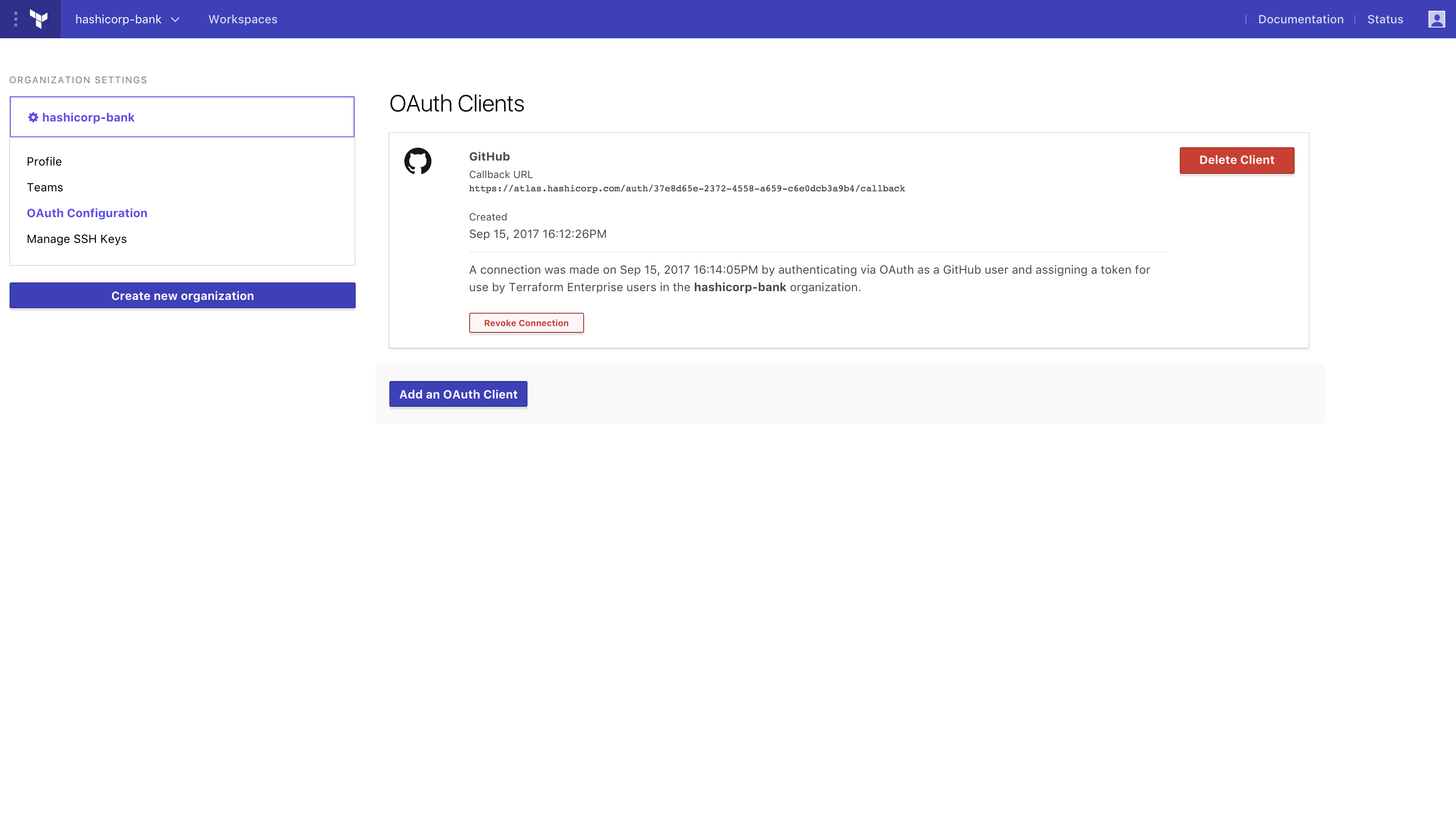 screenshot of OAuth configuration
