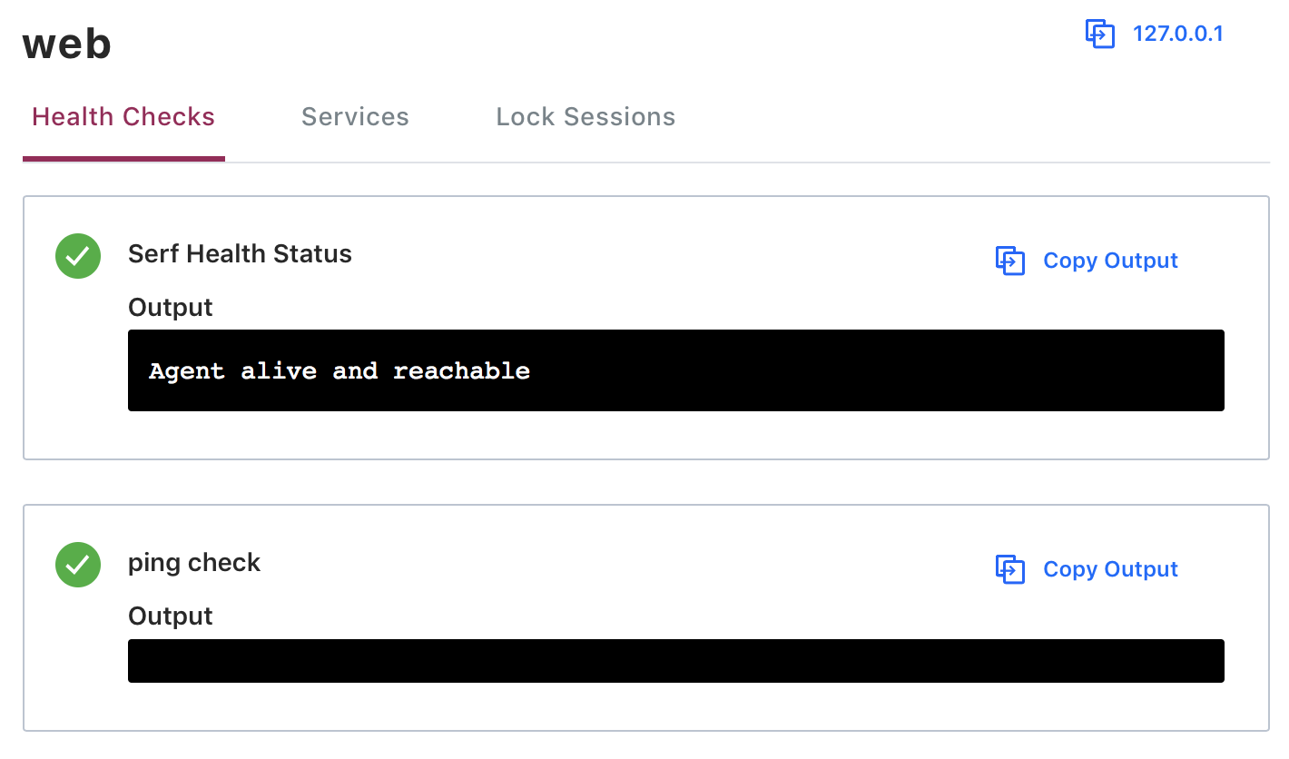 Consul UI showing health check (passing, green circle) for example internal web service.