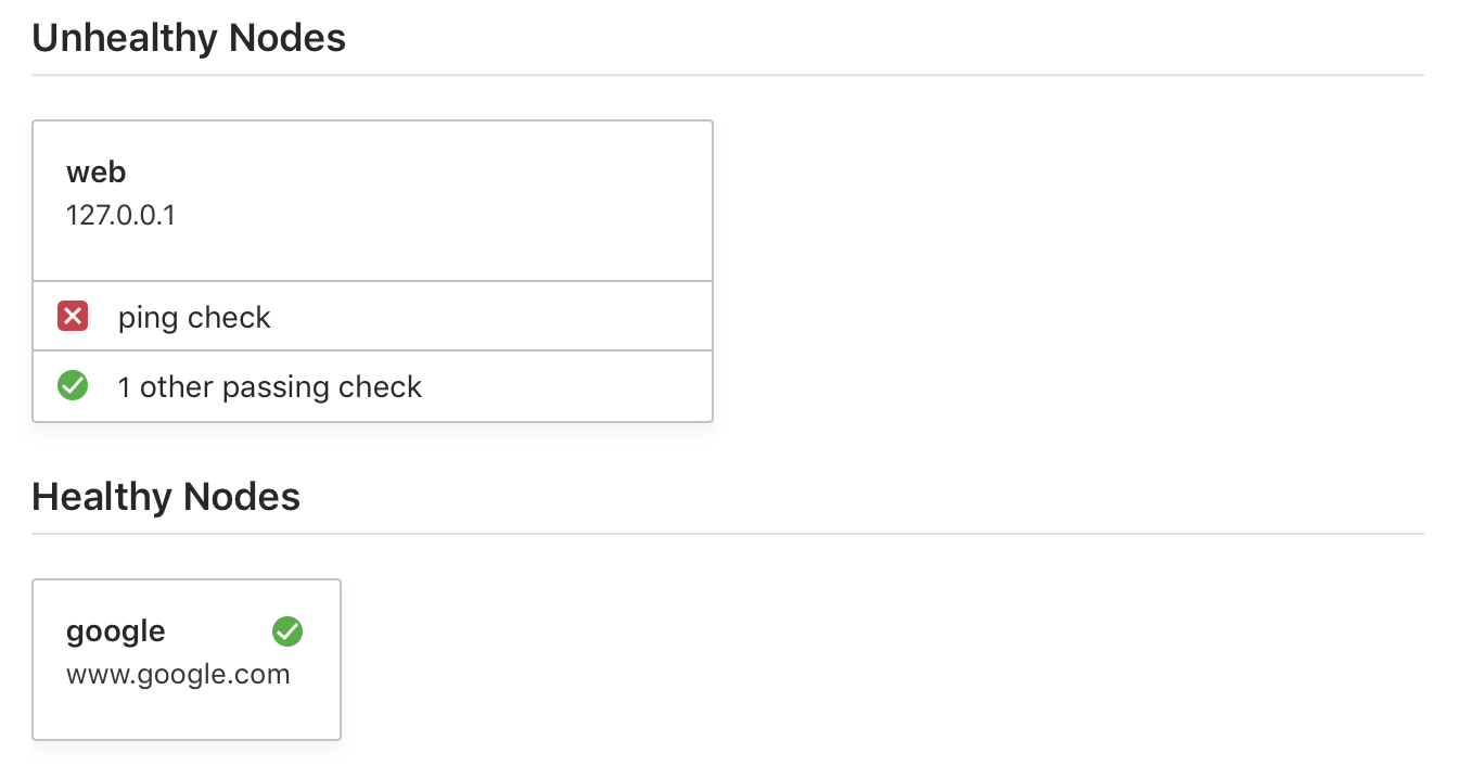 Consul UI showing status of health checks for external search service (passing, green circle) and internal web service (failing, red square).