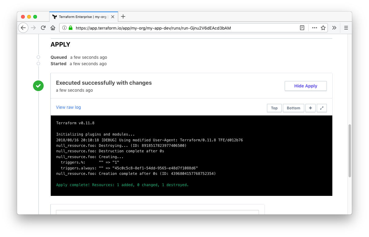 Screenshot of Apply in Terraform Enterprise