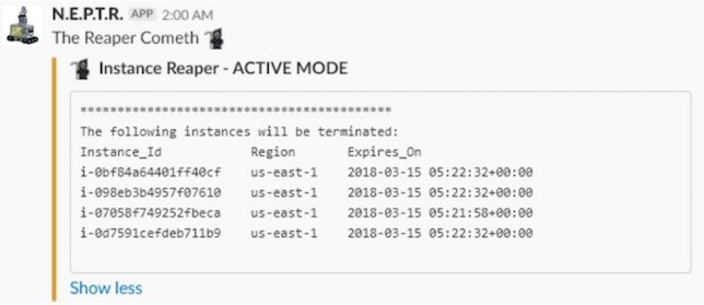 Slack chatbot message of instances that will be deleted