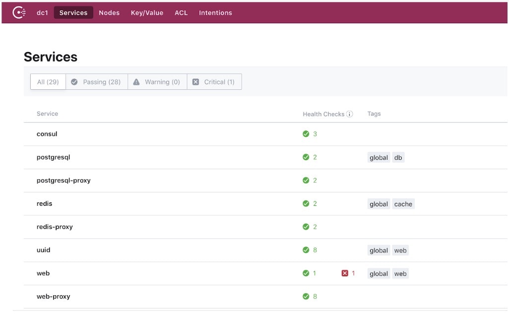 Figure 7: The service health status dashboard for HashiCorp Consul.