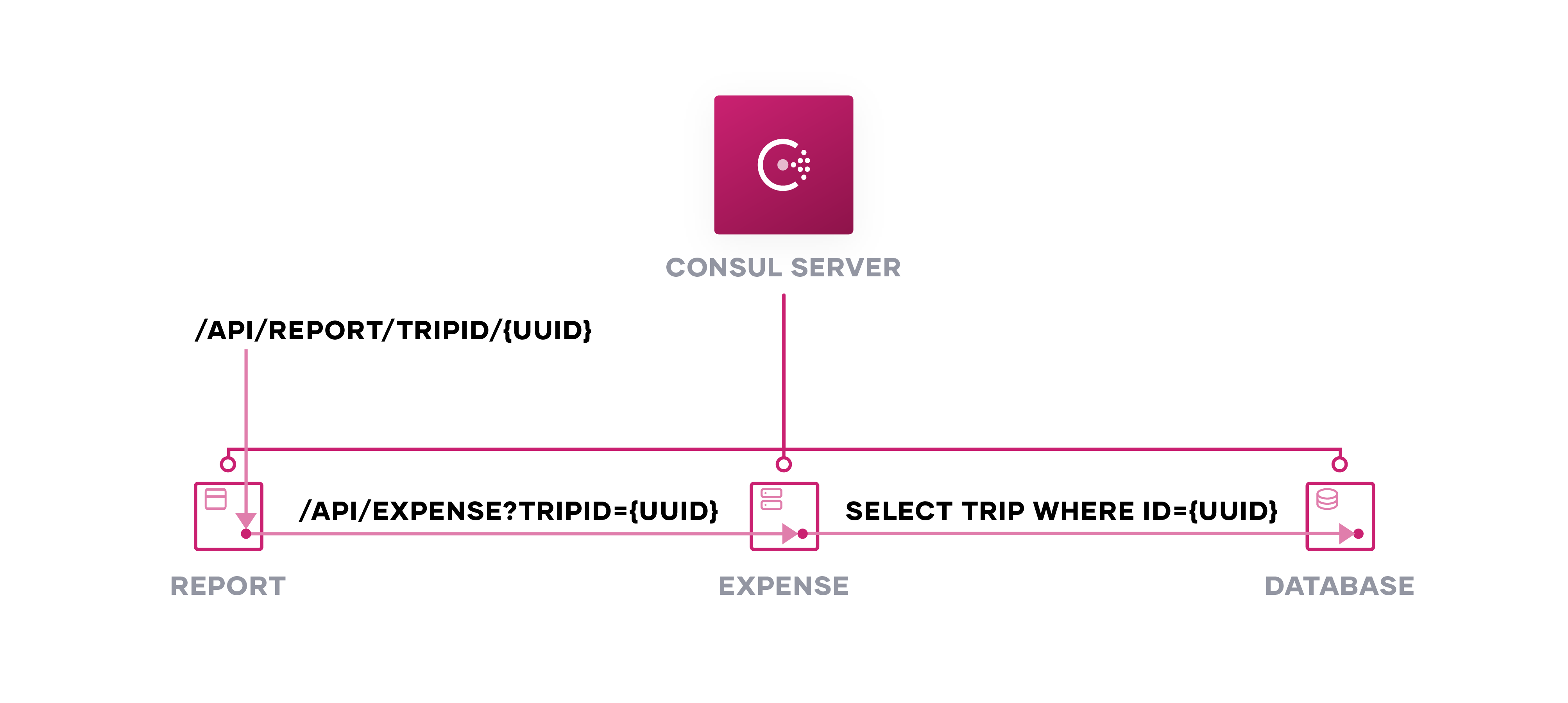 Report, Expense, and Database Services each with proxies and connected to Consul