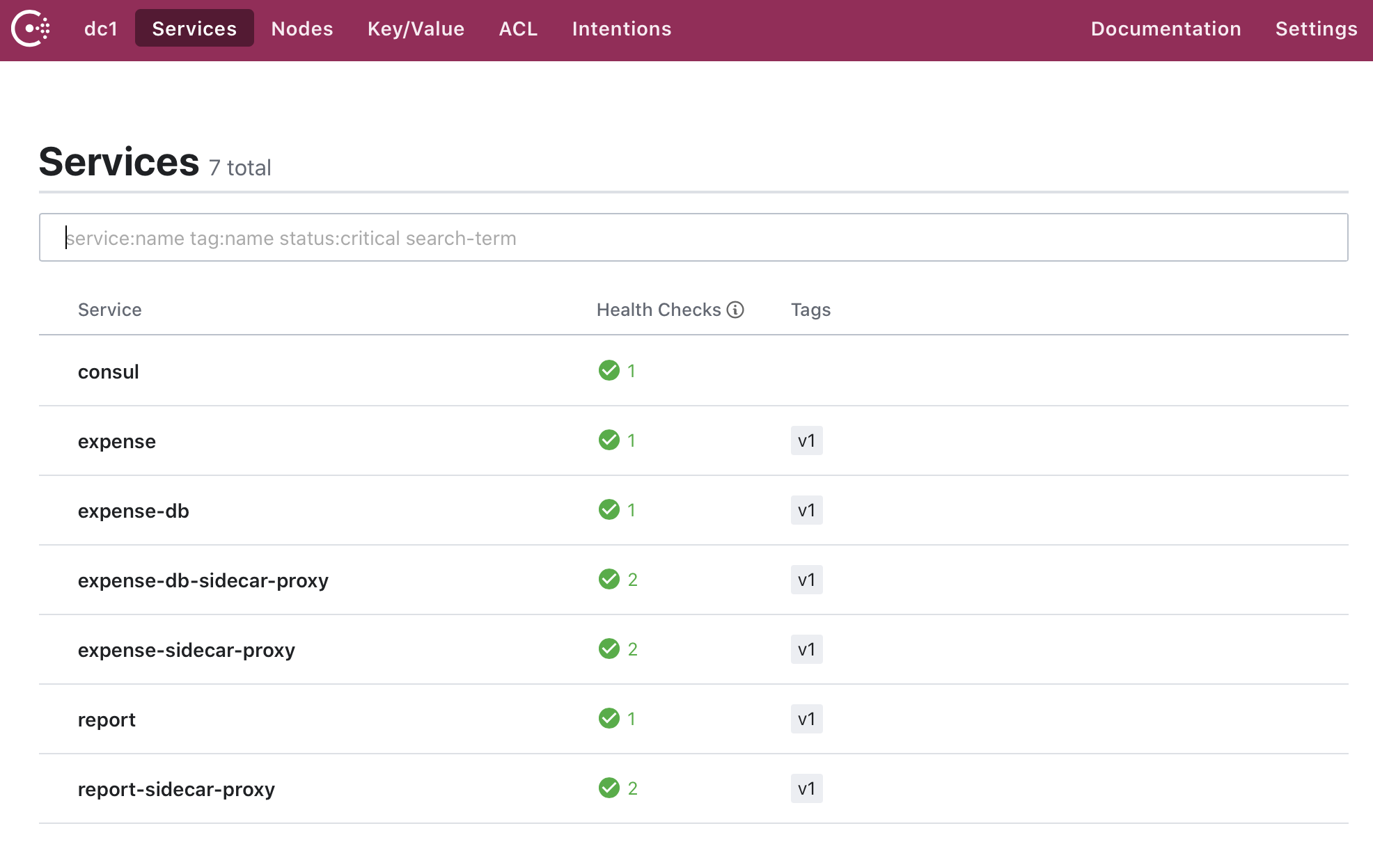 Consul UI with 7 services, 3 have sidecar proxies