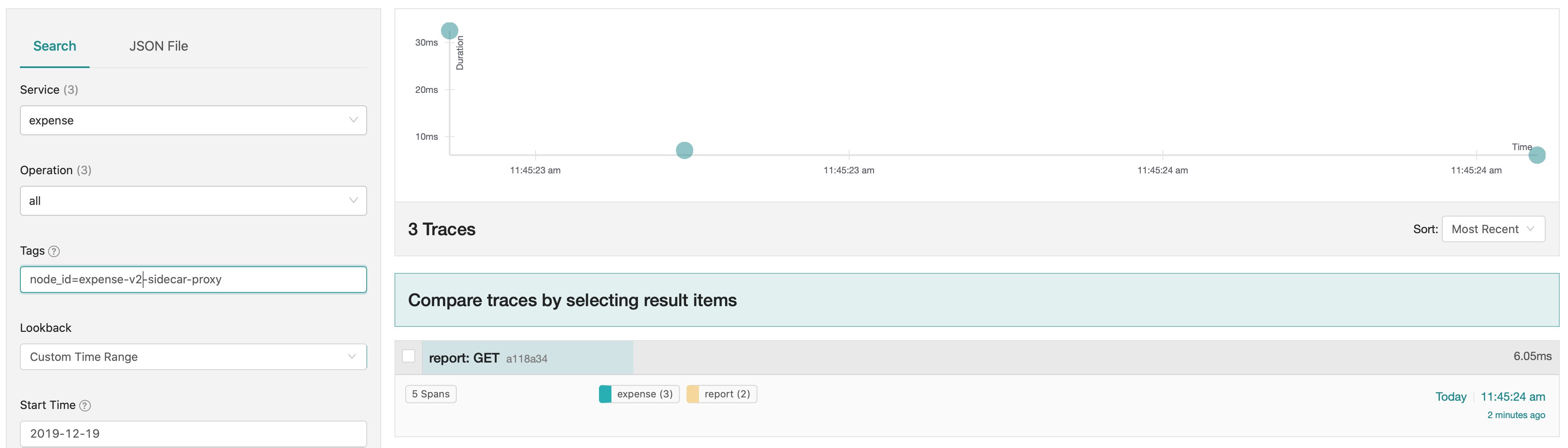 Jaeger UI with 3 traces to expense version 2