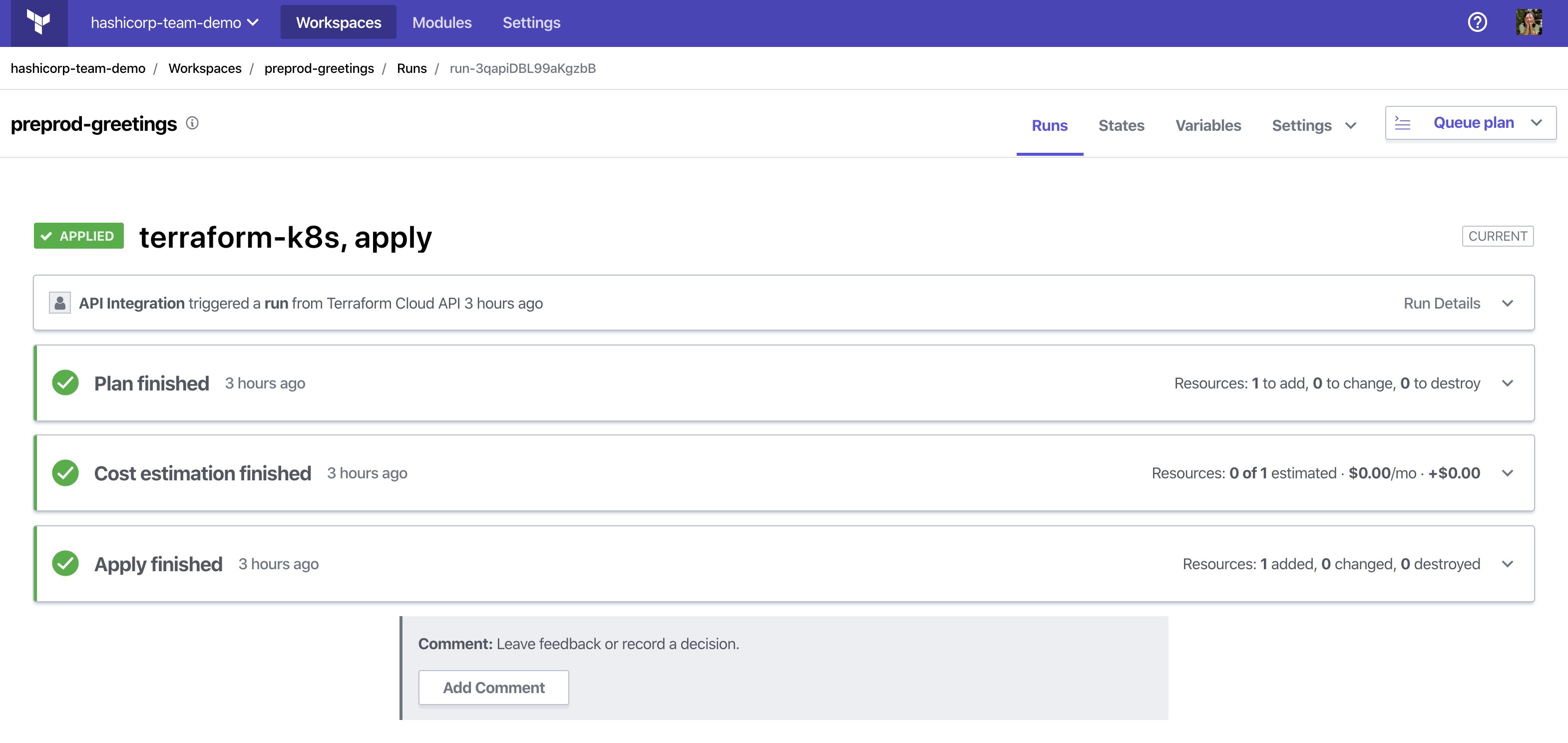 Workspace in Terraform Cloud after run applied