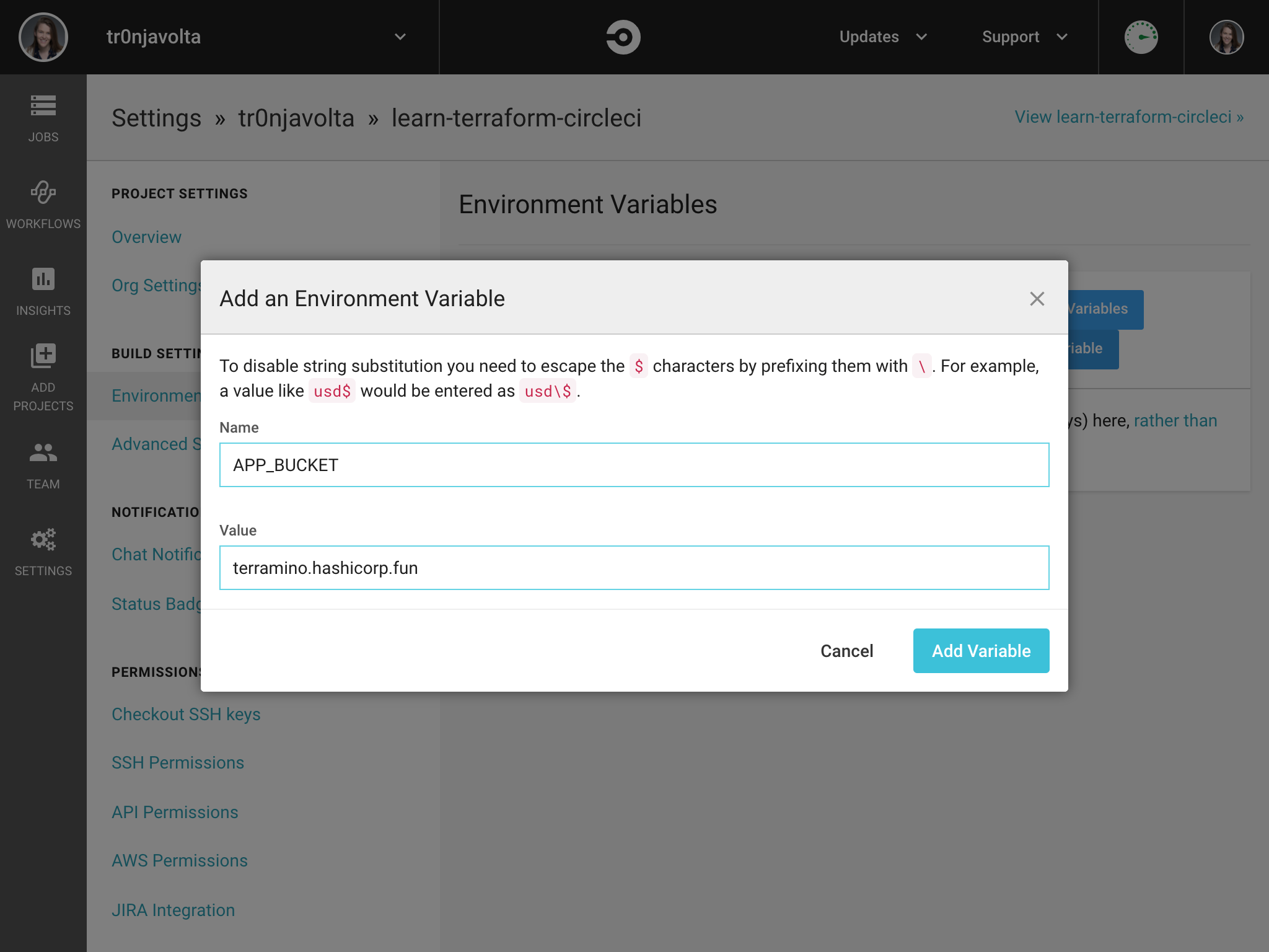 UI view of Add Environment Variable