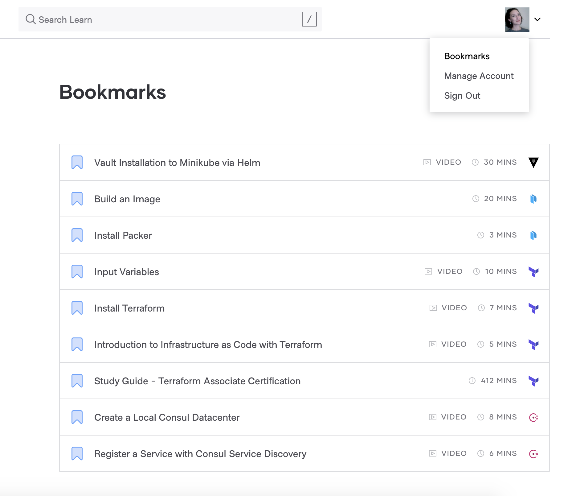List view of saved bookmarks