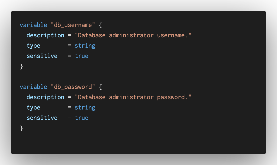 Code block showing variables defined as sensitive.