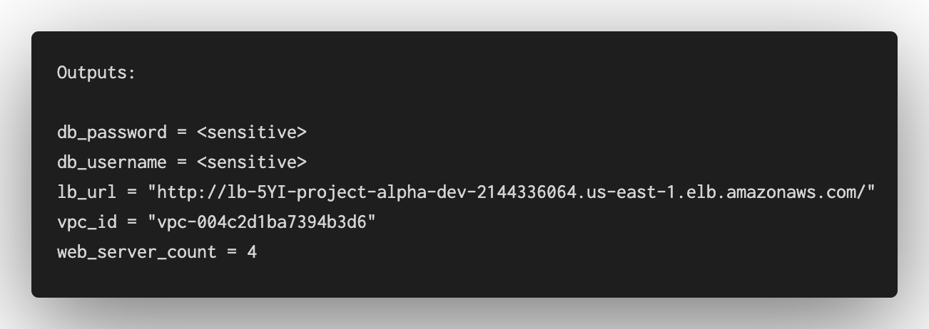 Code block showing output with two variables redacted as “<sensitive>”.