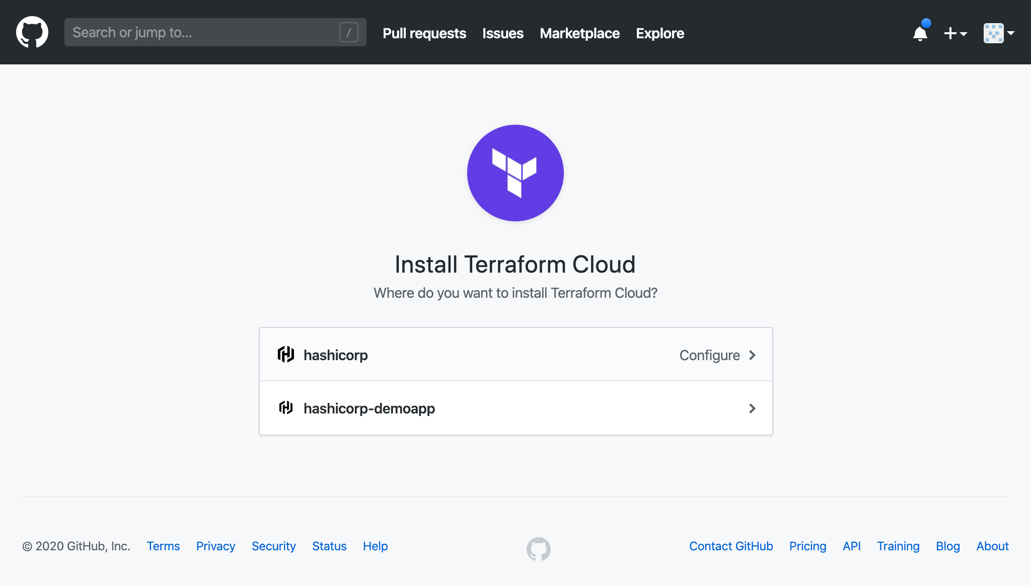 Install Terraform Cloud screen