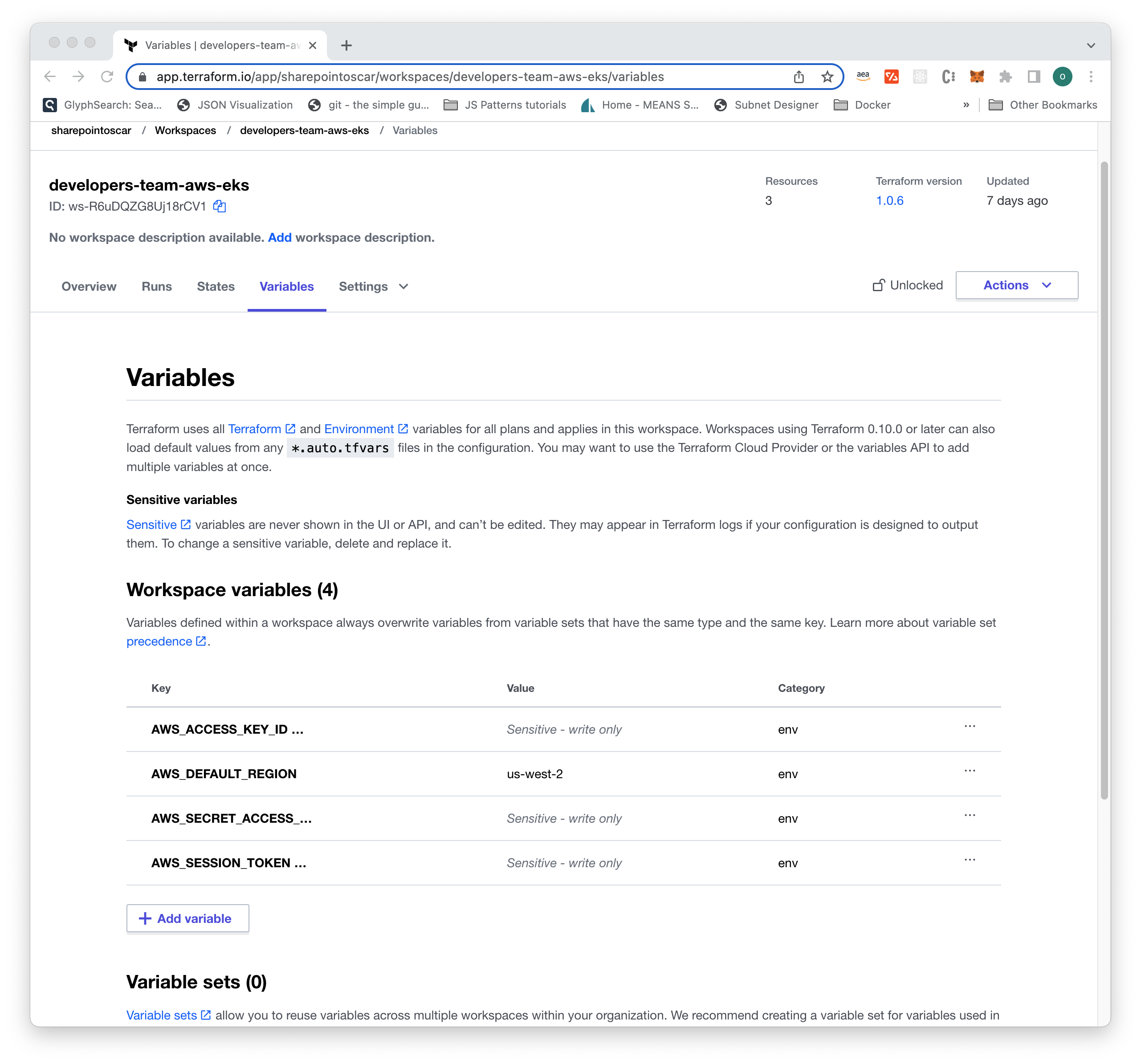Terraform Workspace with AWS credentials configured