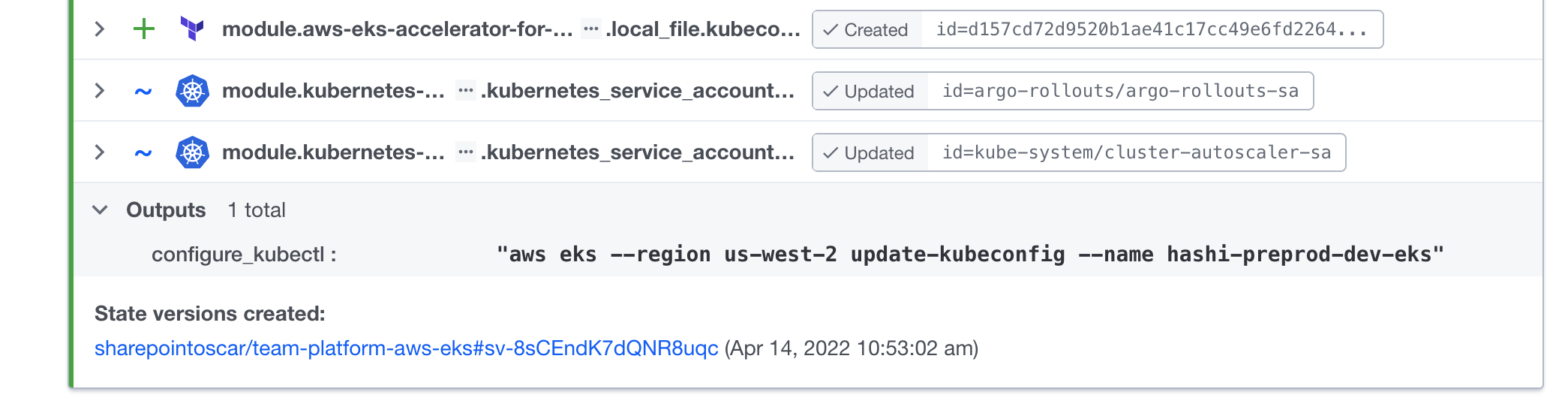 Terraform output, shows cluster name which developers need