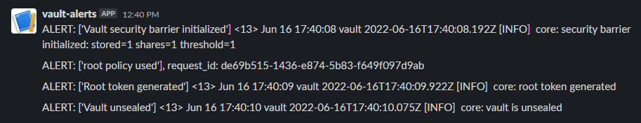 Sample Vault event notifications sent to Slack.