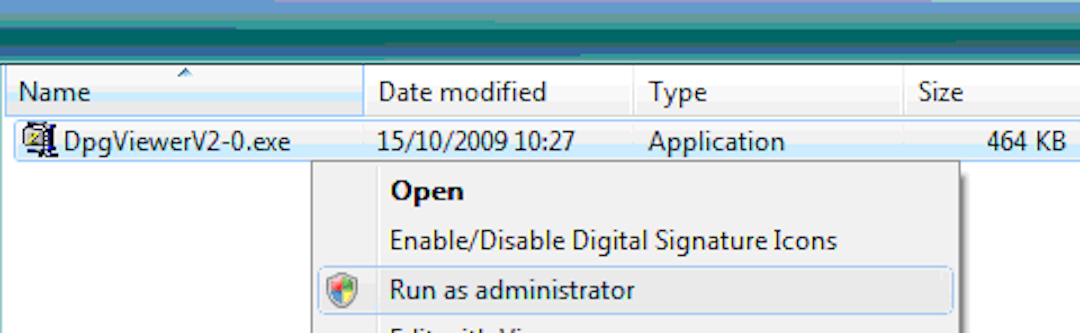 Windows file browser showing right click menu of DPGViewer installer, hovered over run as administrator