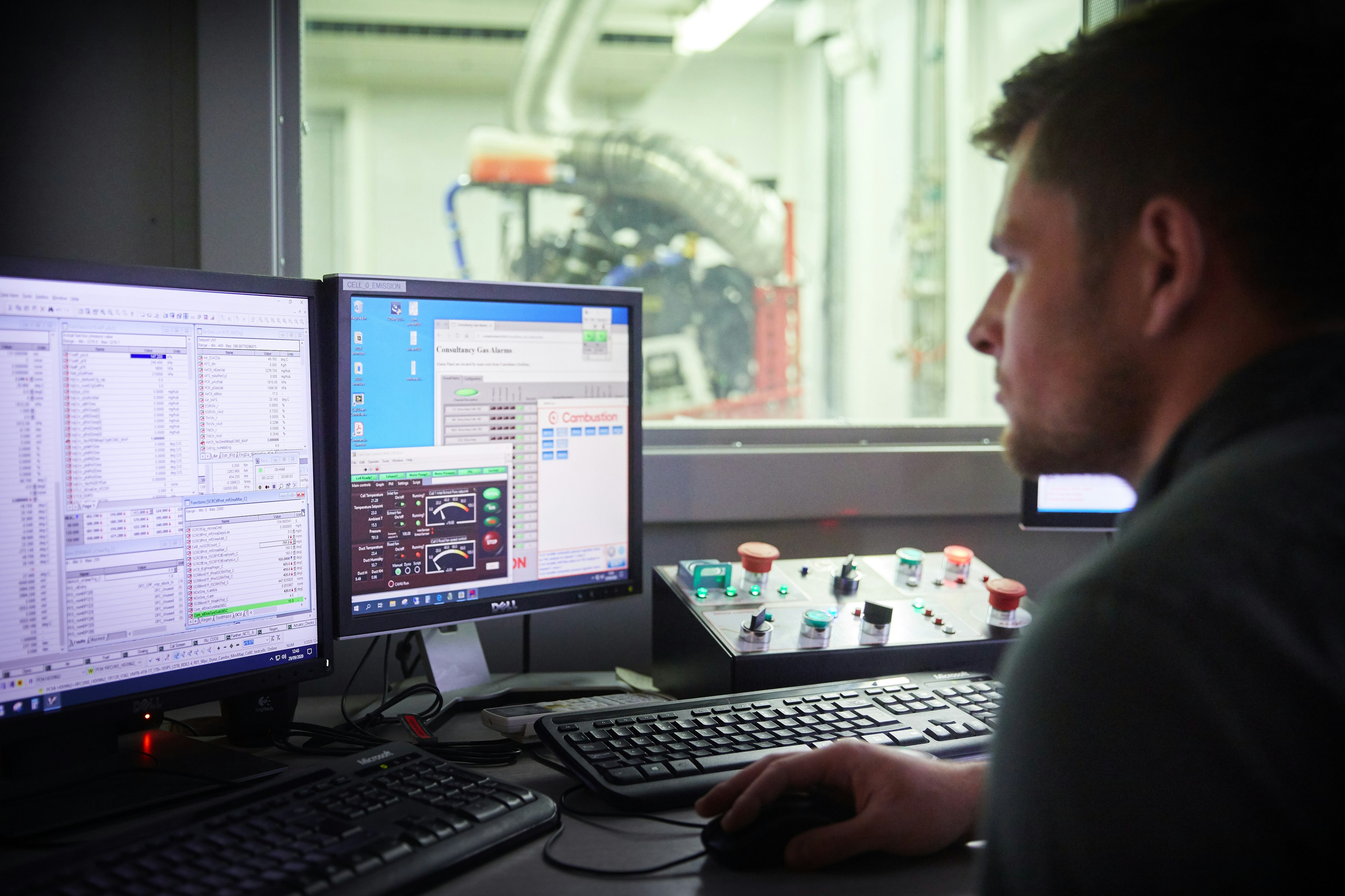 Cambustion engineer monitoring engine dynamometer in test cell