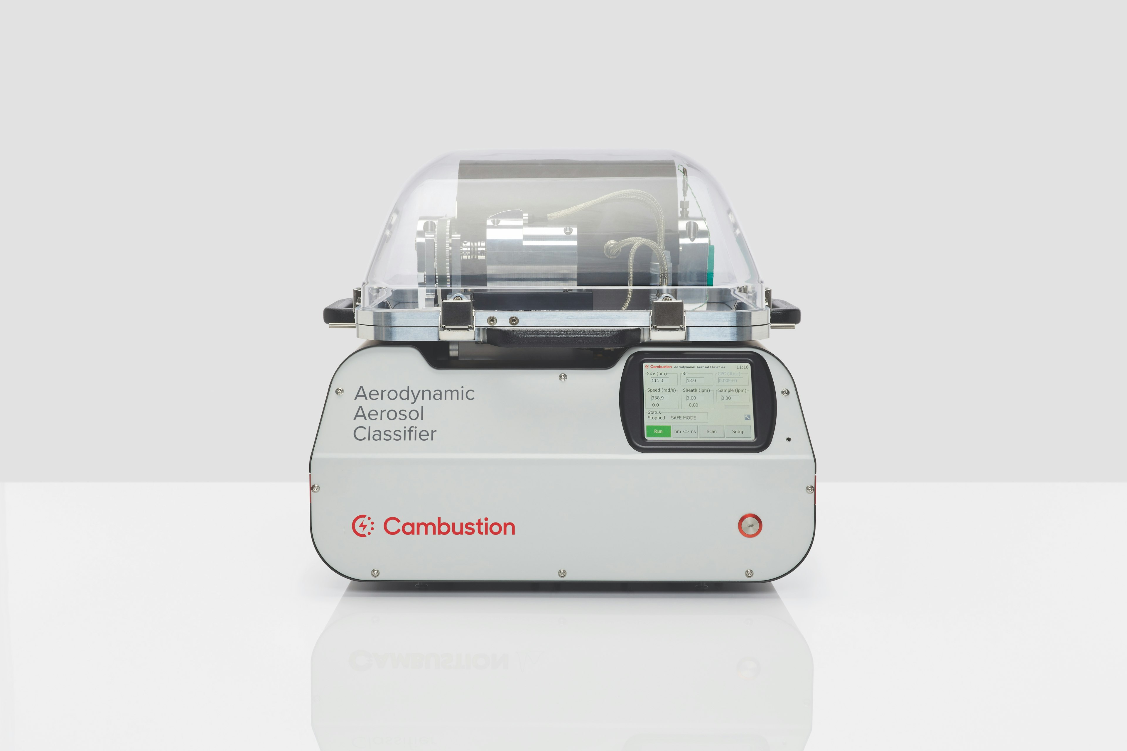 Cambustion AAC front view showing touchscreen, transparent top showing classifier