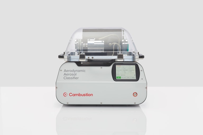 Cambustion AAC front view showing touchscreen, transparent top showing classifier