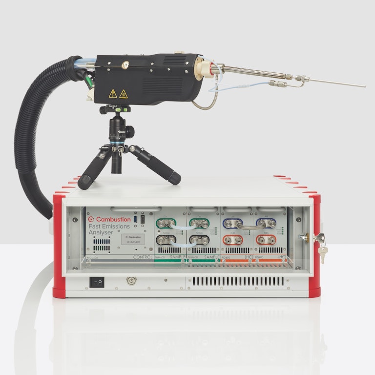 Cambustion FID600 cabinet with sample head mounted on a mini-tripod on top