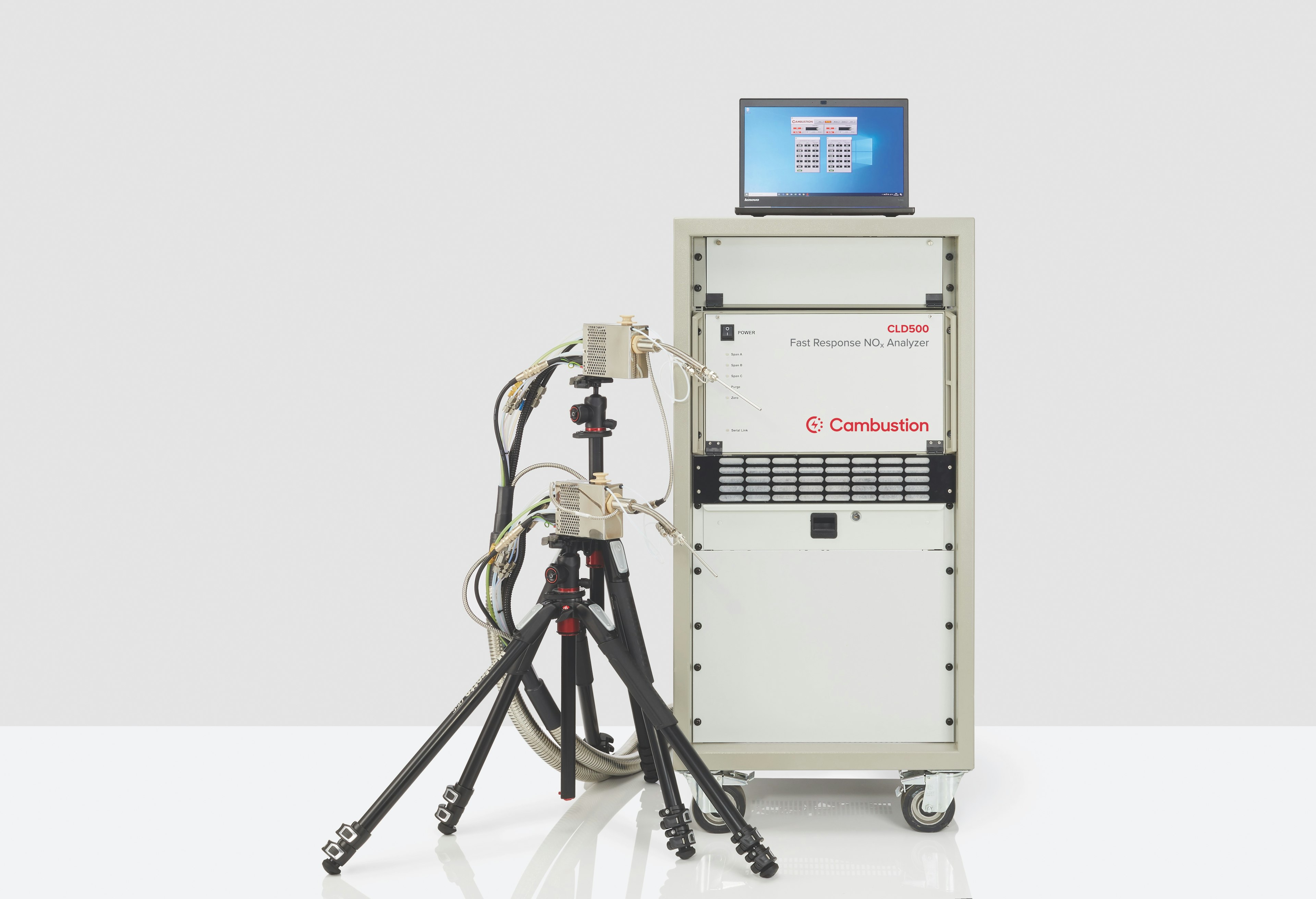 Cambustion CLD500 with two sample heads on tripods and laptop for instrument control