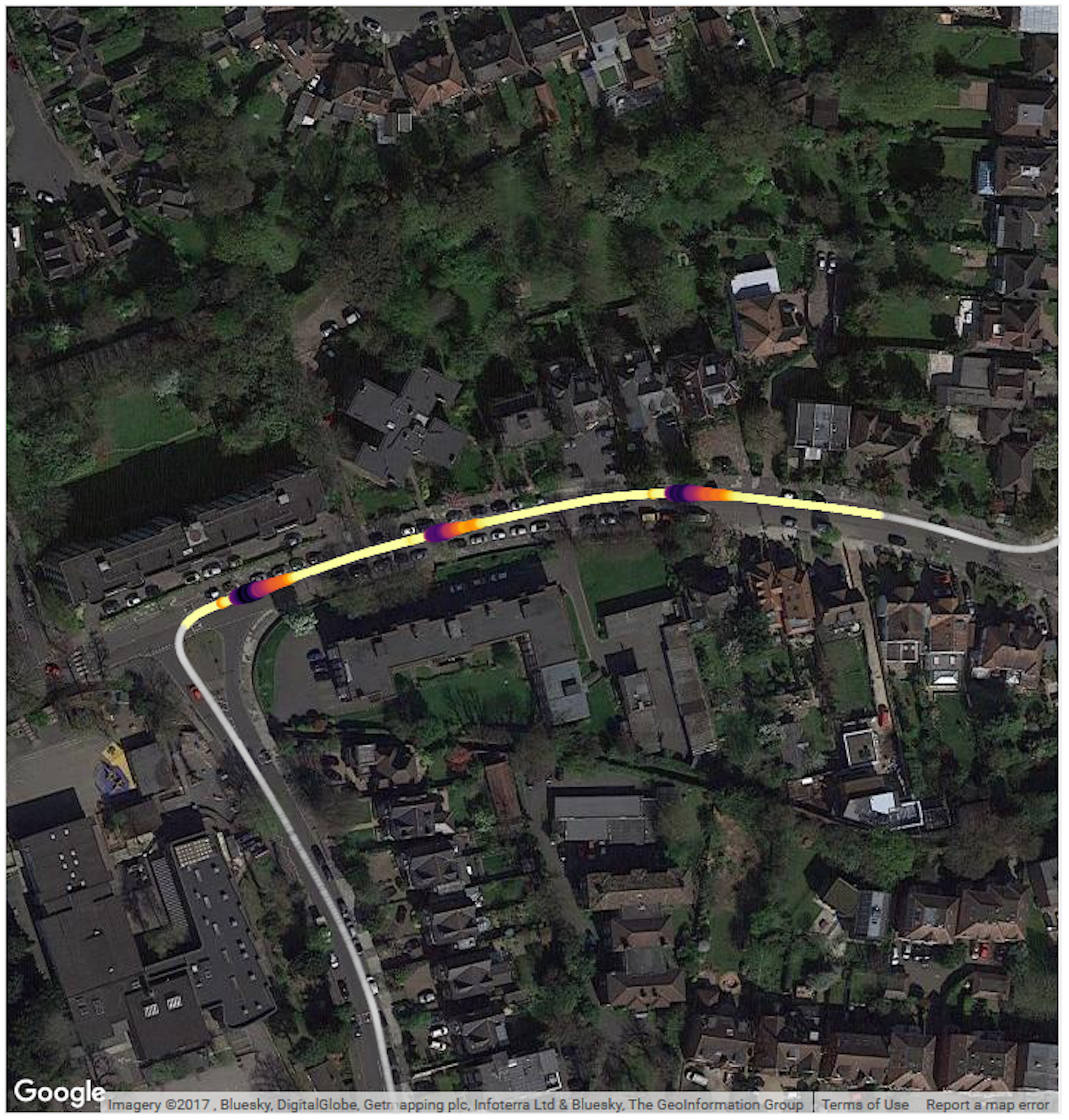 Emissions heat map for a 2017 petrol PHEV going over speed bumps