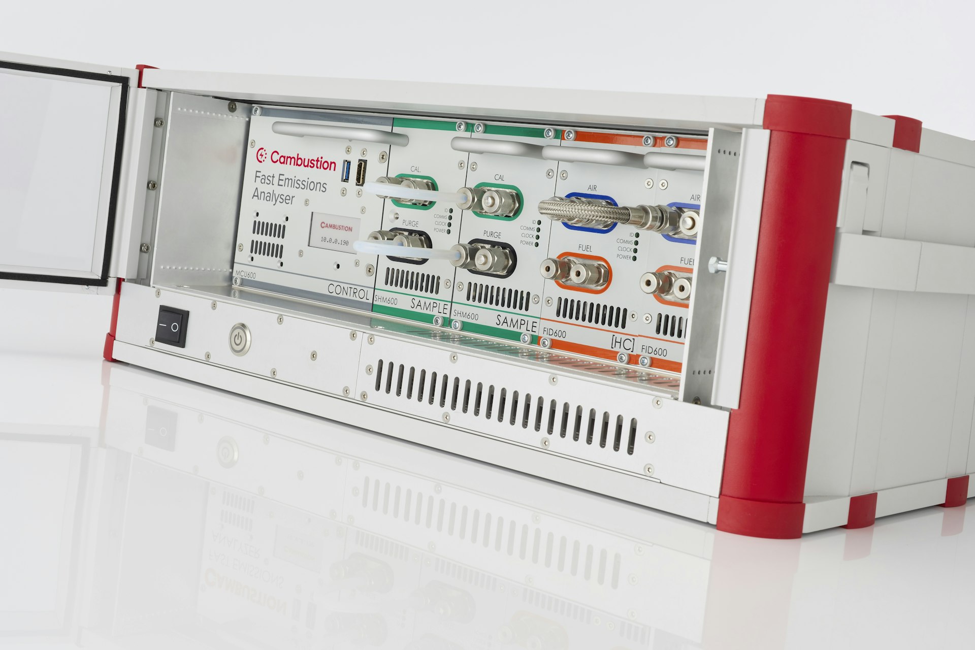 Cambustion FID600 with front panel open showing sample and HC modules