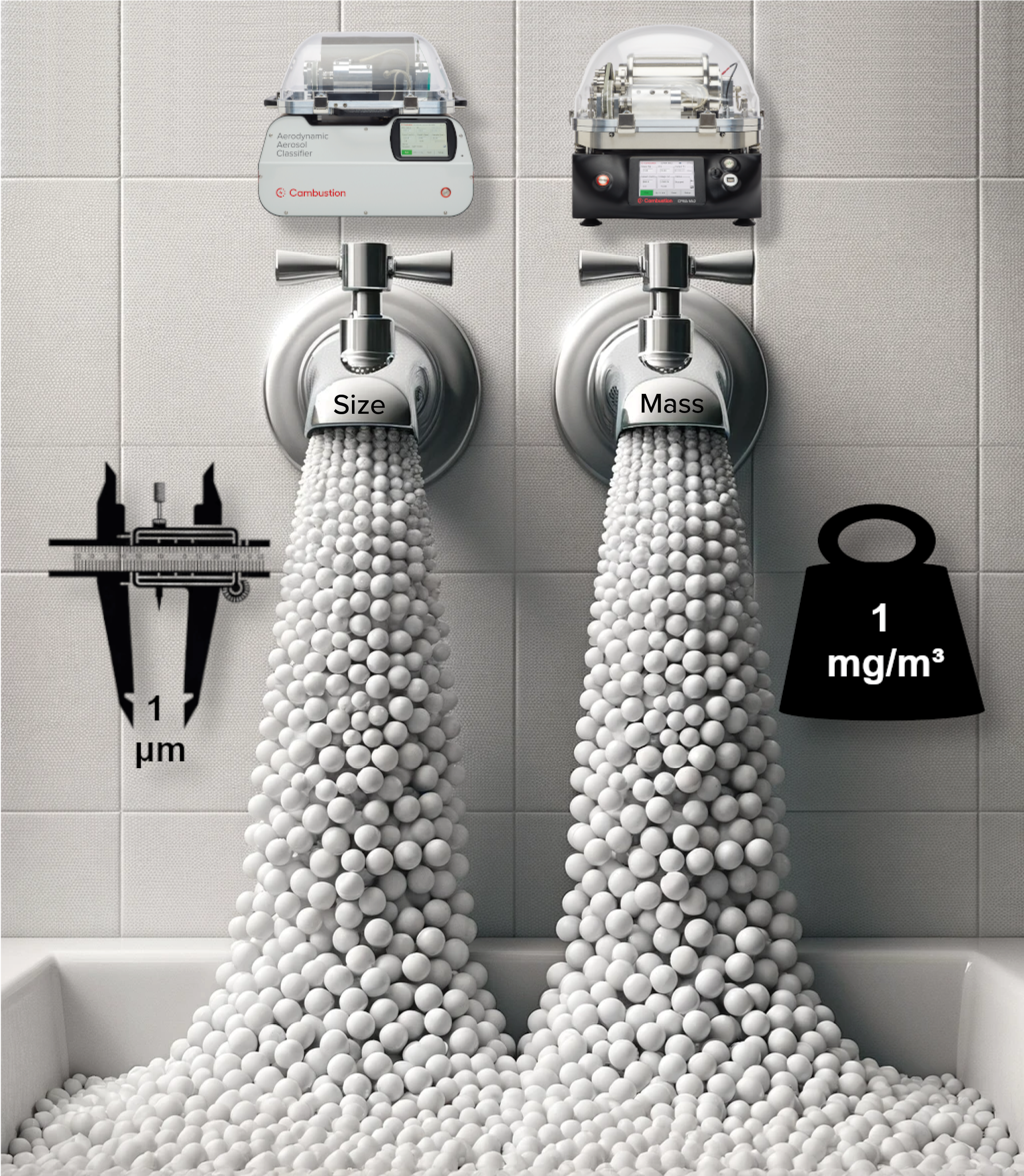 An image showing 2 taps emitting streams of particles, one of standard size, and one of standard mass