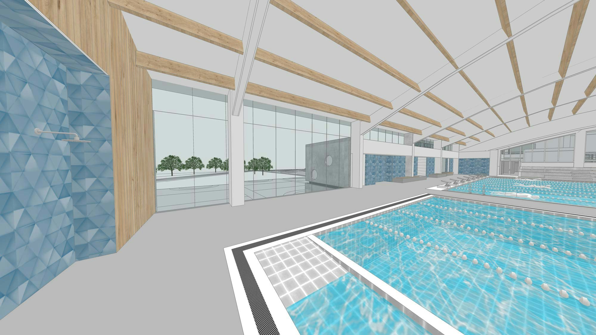 View of pool and roof detail