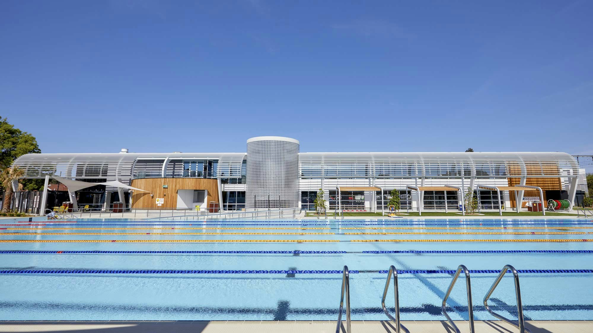 exterior lap pool and building