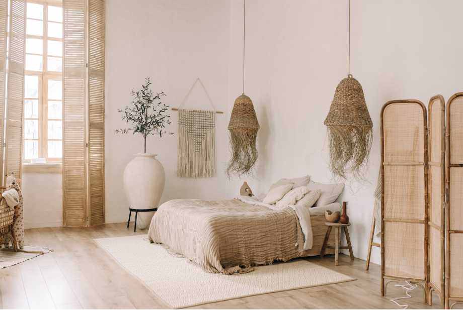 Quarto espaçoso com paredes brancas e uma cama. Lustres de palha, um vaso decorativo e persianas de madeira nas janelas.