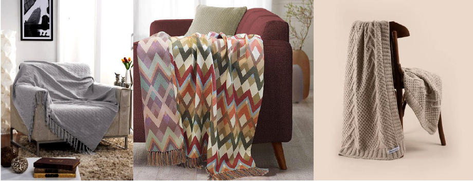 Mantas e cobertores em cima de sofá, poltrona e cadeira no estilo de decoração Comfy.