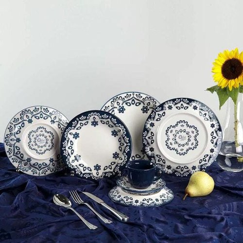 Aparelho de jantar 30 peças Aparelho de jantar Oxford branco e azul