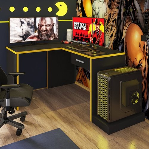 Gamer Móveis Leão Preto Amarelo - Madeira Madeira