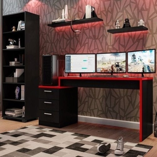Gamer Móveis Leão Preto Vermelho - Madeira Madeira
