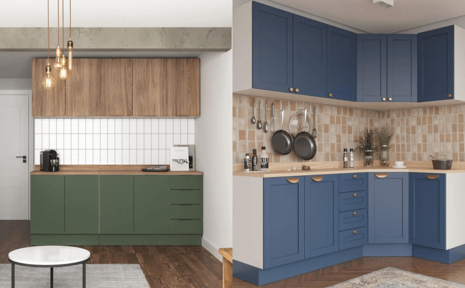 cozinha planejada verde e cozinha modulada azul