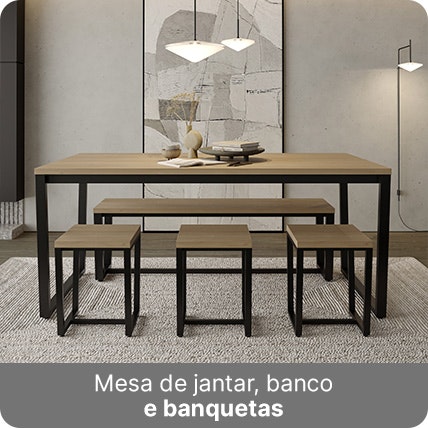 Mesa de jantar, banco e banquetas na cor acácia