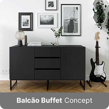 Balcão Buffet na cor preto, 2 portas e 3 gavetas