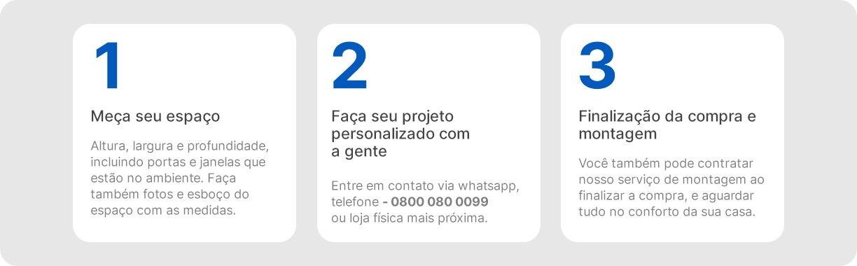 Passo a passo para compra em três passos, sendo elas: 1. Meça seu espaço, 2. Faça seu projeto personalizado com a gente e 3. Finalização da compra e montagem.