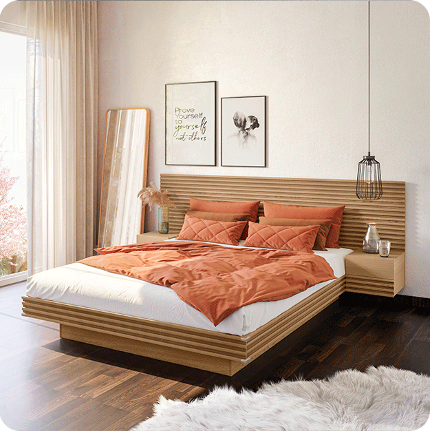 Gif da Cama Samambaia, com troca de cores entre: Carvalho, Freijó e Offwhite